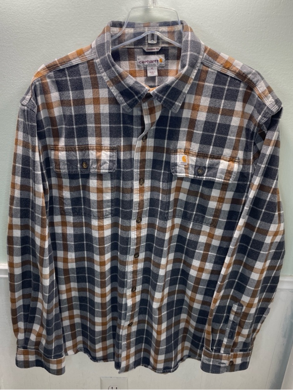 Carhartt Men's Brown, Gray & White Plaid Button-Down Shirt